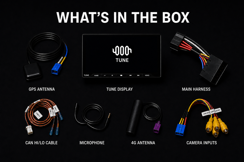 What's in the TUNE MFD box: display, main harness, GPS and 4G antennas, CAN Hi/Lo cable, microphone and camera input cable